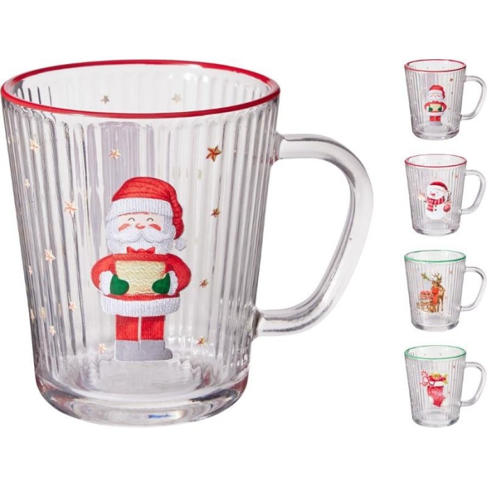 TAZZA VETRO RIGHE NATALE H.10.5 4 ASSORTITI
